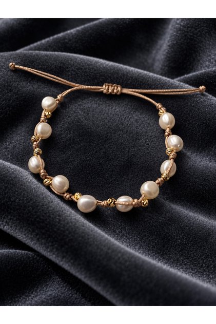 Baroque Pearl-Looking Gold Dorica Detailed Knitted Bracelet