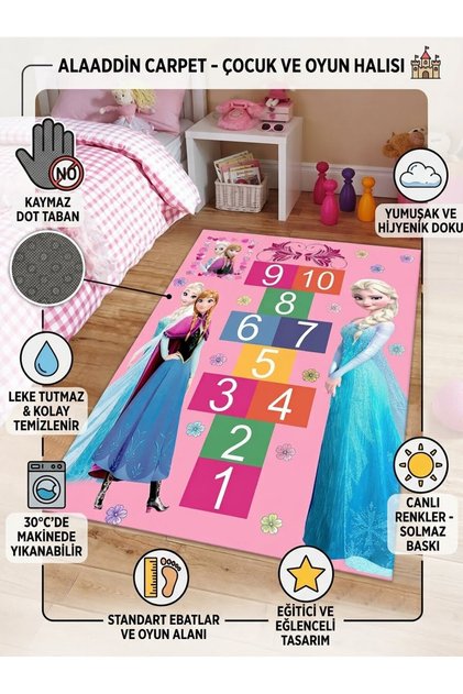 Elsa Seksek Dijital Baskı Yıkanabilir Kaymaz Taban Leke Tutmaz Çocuk Ve Bebek Halısı