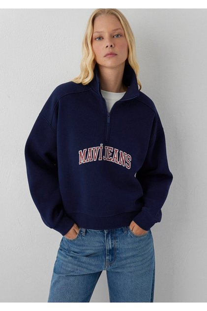 M1S20132 Jeans Logo Printed Half Zipper Women's Sweatshirt Dark Blue