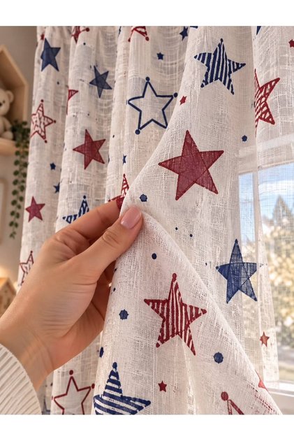 Burgundy Blue Star Figured Children's Room Tulle Curtain