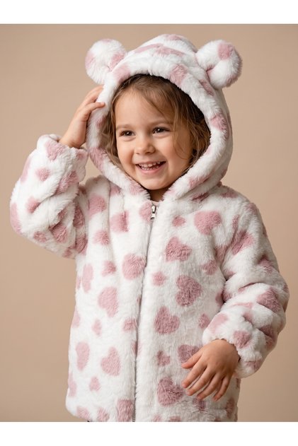 Girl's Heart Patterned Hooded Plush Coat