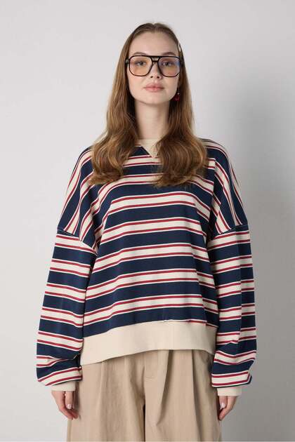 Women's Navy Blue Striped Crew Neck Oversize Sweatshirt 32096
