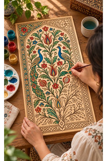 Tavuskuşu ve nar ağacı çicekli mandala boyama seti ahşap MDF 3 mm kendin boya 12 renk boya ve fırça tablo hobi dekoratif duvar tablosu çini desenli