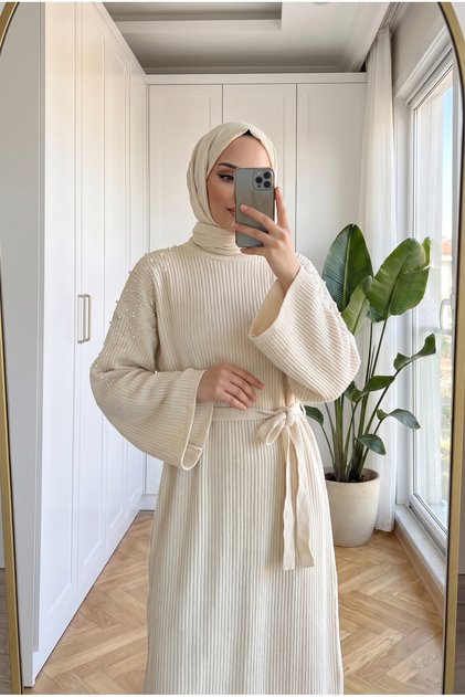 Women's Pearl Detailed Corded Knitwear Dress Belted Spanish Sleeve Hijab Dress