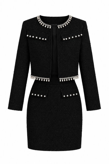 Stone and Pearl Detailed Mini Dress and Crop Jacket Premium Tweed Set