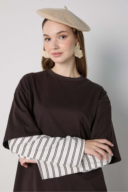 Women's Brown Crew Neck Double Layer Sleeves Striped Oversize T-Shirt 32100