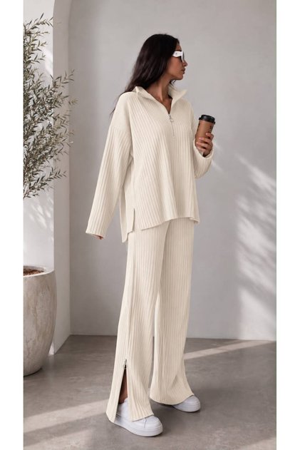 Women's Ribbed Collar and Side Zipper Cuffs Knitwear Set Ecru