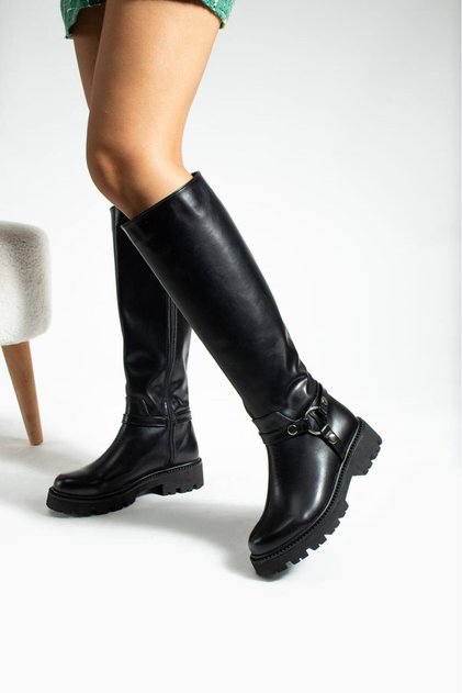 Women's Leather Boots with Buckle Belt Detail, Thick Sole, Side Zipper, Stylish Below-Knee Boots
