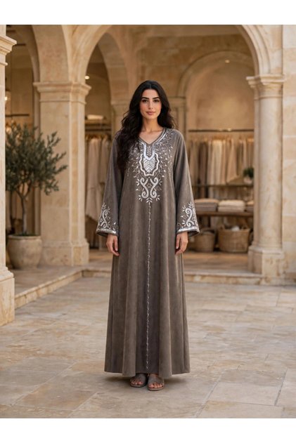 Women's Metallic Sequin & Thread Embroidered Suede Winter Wear Jalabiya