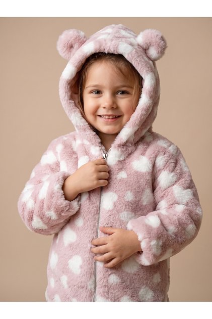 Girl's Heart Patterned Hooded Plush Coat