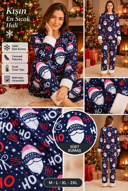 Women's Plush Detailed Suede Pajama Set Soft Textured Winter Pajama Set