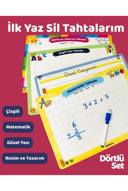 İlk Yaz Sil Tahtalarım 4 lü Set - Güzel Yazı - Matematik - Çizgili - Resim / Tasarım