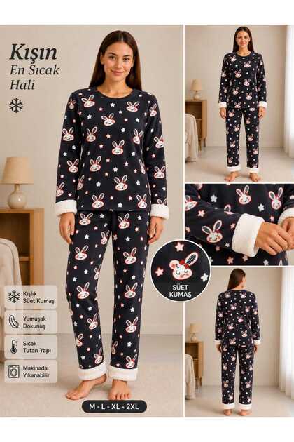 Women's Plush Detailed Suede Pajama Set Soft Textured Winter Pajama Set