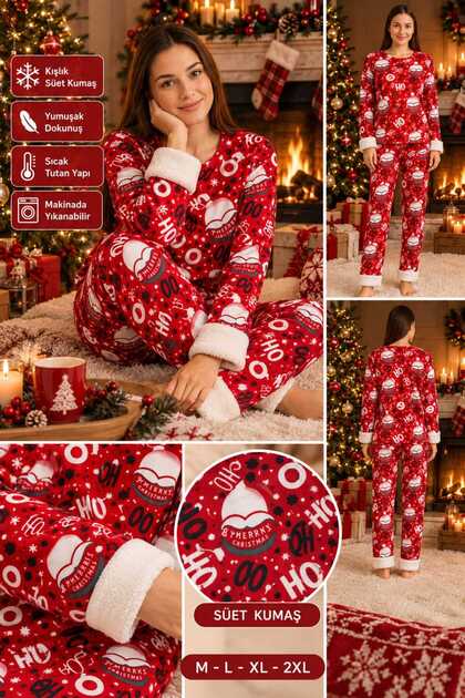 Women's Plush Detailed Suede Pajama Set Soft Textured Winter Pajama Set