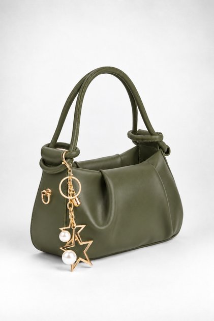 Women's Jasmine Khaki Faux Leather Drawstring Knot Handle Mini Hand and Shoulder Bag with Star Accessories