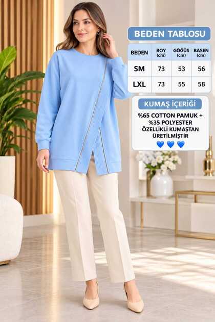 Tunic Women's Sweatshirt with Cross Zipper Detail in Combed Cotton Fabric