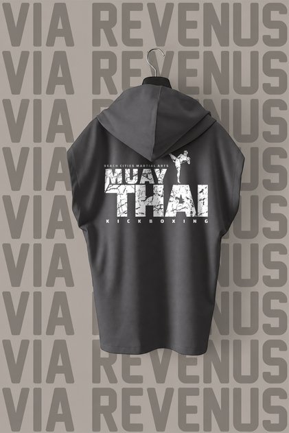 Muay Thai Kickboxing Front and Back Printed Zero Sleeve Hooded 100% Cotton Sports Tshirt
