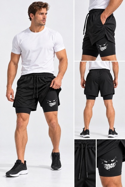 Men's Sports Shorts with Pocketed Tights - Black Inner Tights Elastic Waist Drawstring Breathable Training Shorts, 2-in-1 Printed Pocketed Tights Sports Shorts Smile