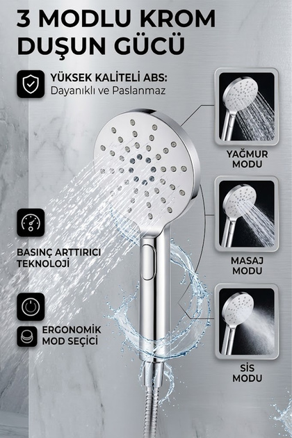 Yeni Nesil Basmalı Mod Değiştiricili Premium Krom Duş Başlığı Su Tasarruflu