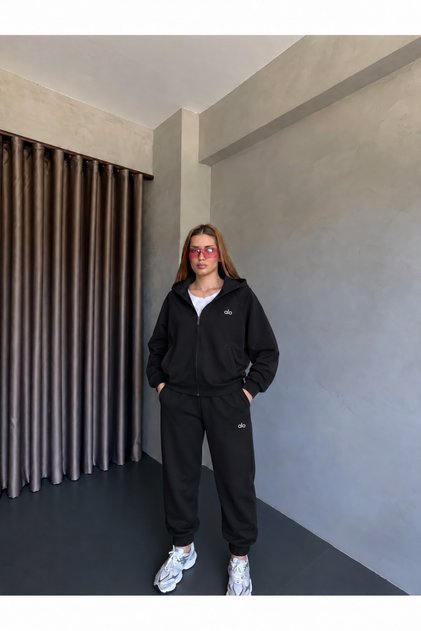 Unisex Black Hooded Sweatshirt Jogger Pants 4 Piece Bottom Top Set