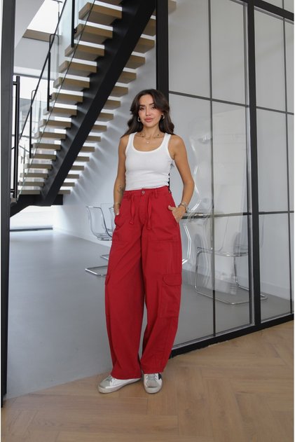 Red Canvas Trousers with Side Pockets