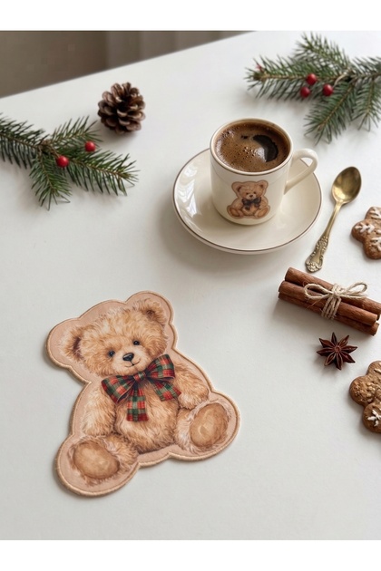 Classic Teddy Bear Embroidered Cocktail Napkin with Plaid Ribbon 1 Piece