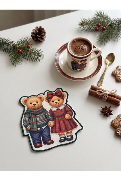 Winter Collection Plaid Outfitted Teddy Bear Couple Embroidered Cocktail Napkin 1 Piece