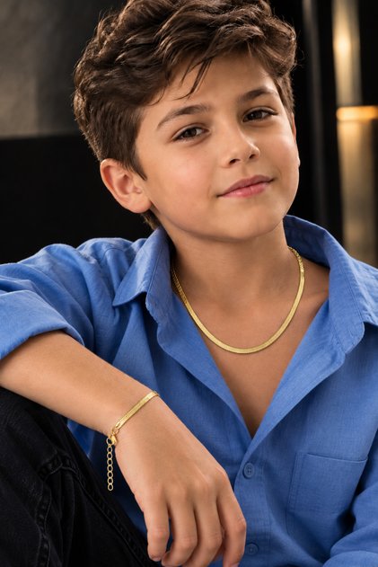 Boy's Italian Flat Steel Children's Necklace and Bracelet Set of 2 & Gold Color Necklace - Bracelet