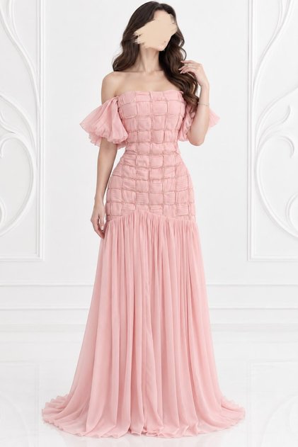 Off Shoulder Ruffle Pleated Light Pink Chiffon Evening Dress