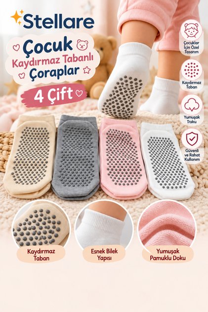 Children's Non-Slip Sole Socks 4-Pack - Soft Cotton Home and Nursery Socks with Silicone Soles