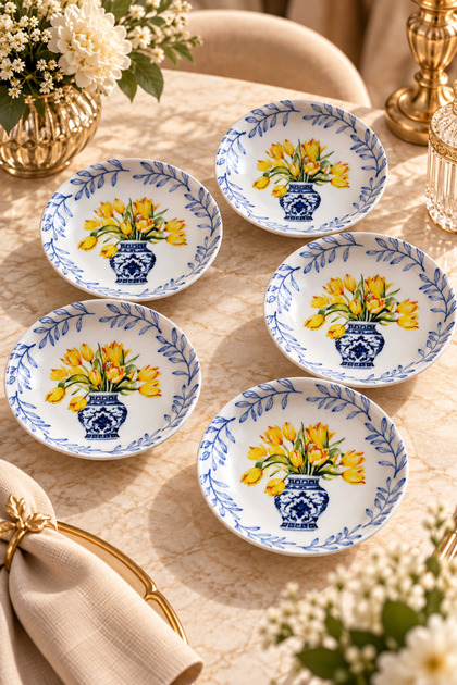 6-Piece Vase and Flower Patterned Jam Bowl and Snack Bowl Set - 13 cm - Presentation Bowl, Breakfast Bowl, Jam Bowl, Serving Bowl - Breakfast Presentation Bowl