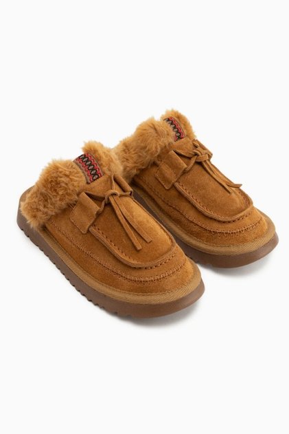 Genuine Suede Leather Fur Lace Detailed Tan Women's Moccasin Slippers Linnea