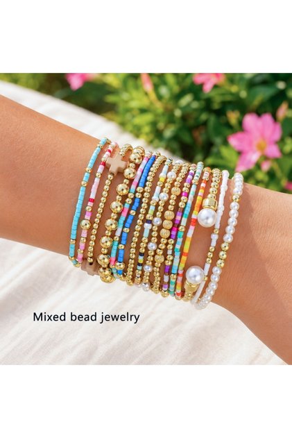S3110 16pcs Bohemian Style Colorful Seed Bead Elastic Rope Bracelet Set, Faux Pearl Multi-Layer Brac