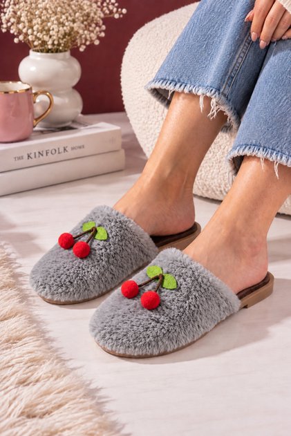Cerise Cherry Detailed Closed Front Plush Women's House Slippers Soft Sole Gift Dowry House Slippers Stc1379