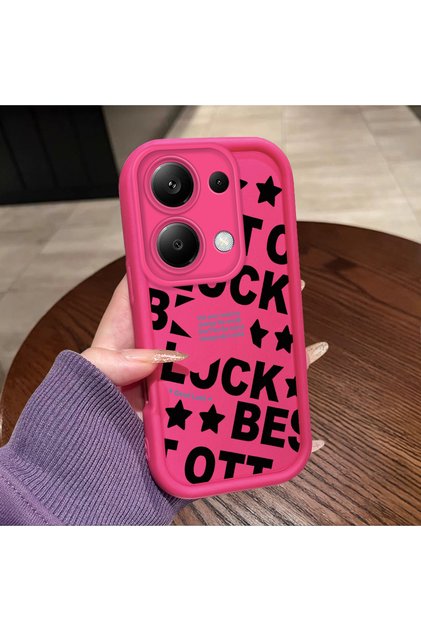 Redmi Note 14S Compatible Good Luck Written Star and Letter Pattern Fuchsia Pink Silicone Phone Case Impact Protection