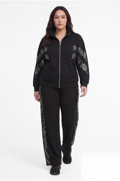 Women's Plus Size Sequin Detailed Half Turtleneck Zippered Black-White Tracksuit Set