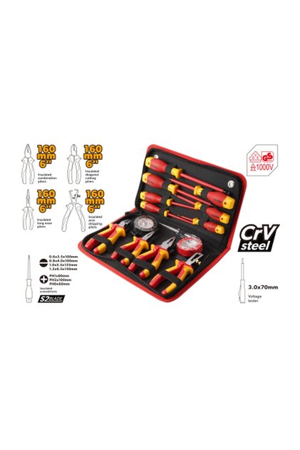 14 Pcs VDE GS Certified Insulated Hand Tool Set, 1000V CR-V Electrician Tool Kit with Insulated Pliers Screwdrivers and Blow-Molded Storage Case for Electrical Wiring Home Automotive Repair