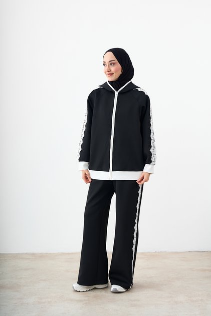 Women's Scuba Lace Detail Set Black