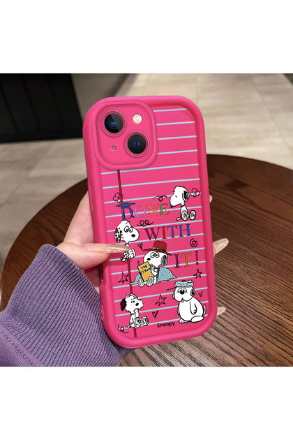 iPhone 15 Plus Compatible Pink Red Silicone Snoopy Pattern Case Shockproof Camera Protection