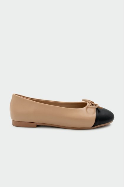 Mary Nude Leather Bow Detailed Women's Flat Ballerinas