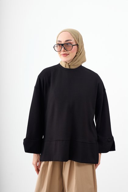 Women's Crew Neck Sweatshirt with Grass Detail Black
