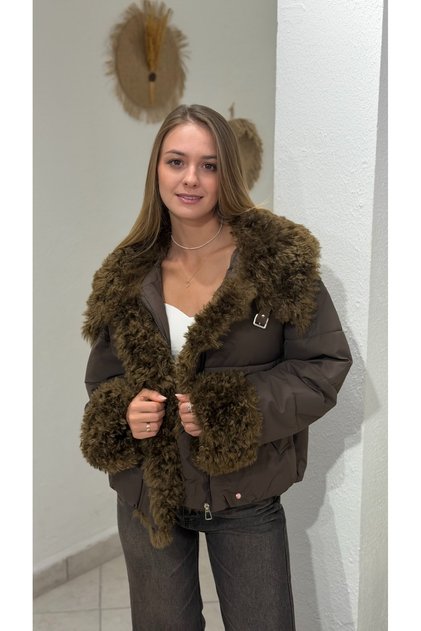 Kadın Kürk Detaylı Fermuarlı Oversize Şişme Mont
