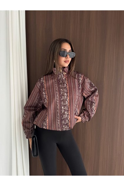 Kadın Dijital Baskılı Astarlı Stoperli Fermuarlı Dik Yaka Ceket