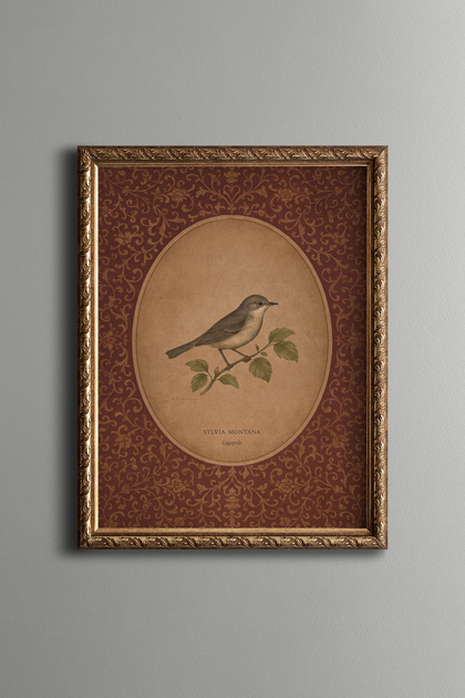Oval Bird Illustration on a Burgundy Patterned Background - Vintage Patterned Painting - Fine Model