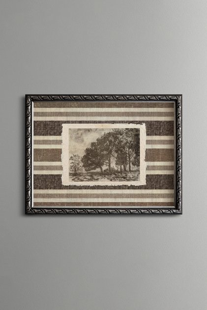 Countryside Scenery with Trees on a Striped Background - Vintage Patterned Painting - Fine Model