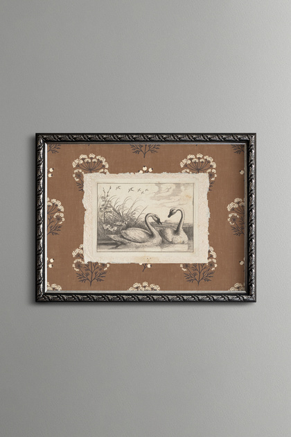 Swan Illustration among Floral Motifs - Vintage Patterned Painting - Fine Model