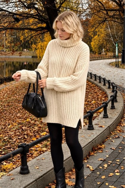 Women's Turtleneck Long Oversize Knitwear Tunic with Side Slits