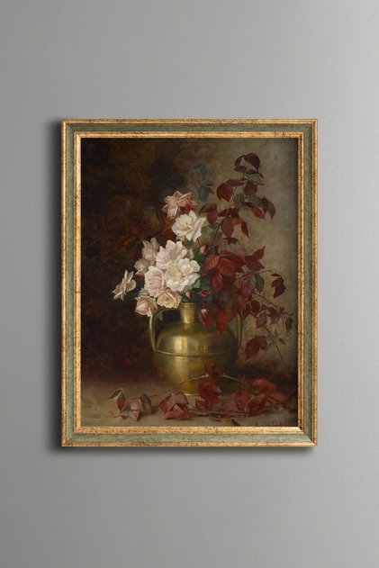 White and Red Flowers in a Brass Vase - Vintage Patterned Painting - Fine Model