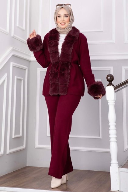 Fur-Trimmed Luxury Knitwear Set Burgundy