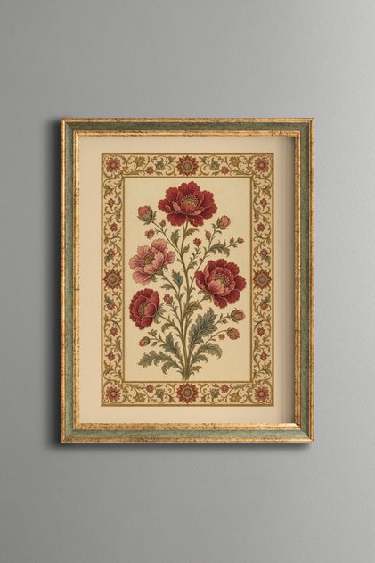 Red Flowers with Borders on Cream Background - Vintage Patterned Painting - Fine Model